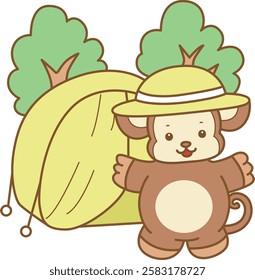 Cute Monkey vector icon. Funny baby Monkey animal series stock illustration. life of fluffy Monkey designs.
Monkey is camping in the jungle