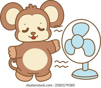 Cute Monkey vector icon. Funny baby Monkey animal series stock illustration. life of fluffy Monkey designs.
Monkey feel the air from the fan