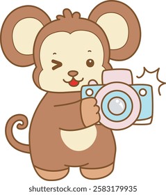 Cute Monkey vector icon. Funny baby Monkey animal series stock illustration. life of fluffy Monkey designs.
Monkey take a photo with camera