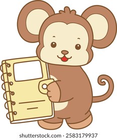 Cute Monkey vector icon. Funny baby Monkey animal series stock illustration. life of fluffy Monkey designs.
Monkey bring a yellow notebook