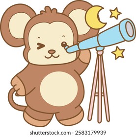 Cute Monkey vector icon. Funny baby Monkey animal series stock illustration. life of fluffy Monkey designs.
Monkey see the moon and stars with telescope