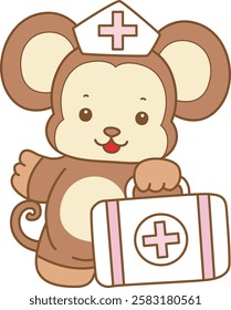 Cute Monkey vector icon. Funny baby Monkey animal series stock illustration. life of fluffy Monkey designs.
Monkey bring a first aid kit