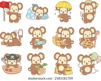 Cute Monkey vector icon. Funny baby Monkey animal series stock illustration. life of fluffy Monkey designs.
Little monkey with variation of cute activities