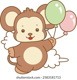 Cute Monkey vector icon. Funny baby Monkey animal series stock illustration. life of fluffy Monkey designs.
Monkey flying with balloons