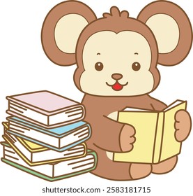 Cute Monkey vector icon. Funny baby Monkey animal series stock illustration. life of fluffy Monkey designs.
Monkey reading a books