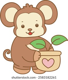 Cute Monkey vector icon. Funny baby Monkey animal series stock illustration. life of fluffy Monkey designs.
Monkey bring a plants in the pot