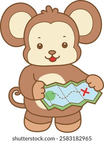 Cute Monkey vector icon. Funny baby Monkey animal series stock illustration. life of fluffy Monkey designs.
Monkey finding a location with map