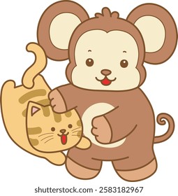 Cute Monkey vector icon. Funny baby Monkey animal series stock illustration. life of fluffy Monkey designs.
Monkey bestfriends with cat