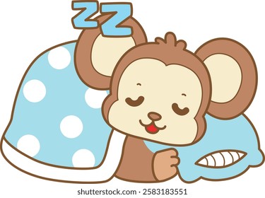 Cute Monkey vector icon. Funny baby Monkey animal series stock illustration. life of fluffy Monkey designs.
Monkey is sleeping with blanket and pillow