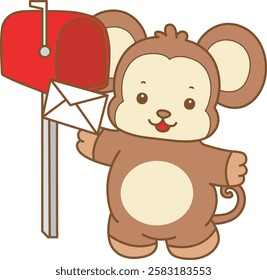 Cute Monkey vector icon. Funny baby Monkey animal series stock illustration. life of fluffy Monkey designs.
Monkey want to send an envelope by mail box