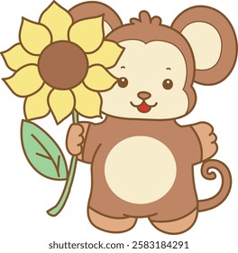 Cute Monkey vector icon. Funny baby Monkey animal series stock illustration. life of fluffy Monkey designs.
Monkey bring a sun flower