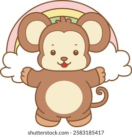 Cute Monkey vector icon. Funny baby Monkey animal series stock illustration. life of fluffy Monkey designs.
Monkey in front of the rainbow