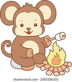 Cute Monkey vector icon. Funny baby Monkey animal series stock illustration. life of fluffy Monkey designs.
Monkey roasting the marshmallow