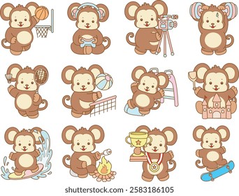 Cute Monkey vector icon. Funny baby Monkey animal series stock illustration. life of fluffy Monkey designs.
Monkey with variation of sports and exercises