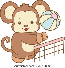 Cute Monkey vector icon. Funny baby Monkey animal series stock illustration. life of fluffy Monkey designs.
Monkey playing a volley ball