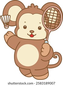 Cute Monkey vector icon. Funny baby Monkey animal series stock illustration. life of fluffy Monkey designs.
Monkey playing a badminton