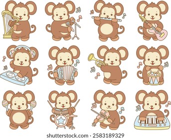 Cute Monkey vector icon. Funny baby Monkey animal series stock illustration. life of fluffy Monkey designs.
Monkey in the variation of instrument and music