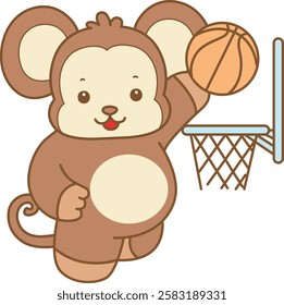 Cute Monkey vector icon. Funny baby Monkey animal series stock illustration. life of fluffy Monkey designs.
Monkey playing a basket ball