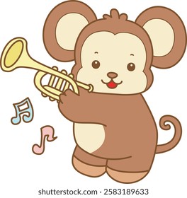 Cute Monkey vector icon. Funny baby Monkey animal series stock illustration. life of fluffy Monkey designs.
Monkey playing a trumpet