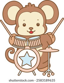 Cute Monkey vector icon. Funny baby Monkey animal series stock illustration. life of fluffy Monkey designs.
Monkey playing a drum in the band