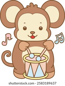 Cute Monkey vector icon. Funny baby Monkey animal series stock illustration. life of fluffy Monkey designs.
Monkey playing a drum in the festival