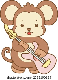 Cute Monkey vector icon. Funny baby Monkey animal series stock illustration. life of fluffy Monkey designs.
Monkey playing a guitar