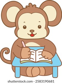 Cute Monkey vector icon. Funny baby Monkey animal series stock illustration. life of fluffy Monkey designs.
Monkey studying in the table