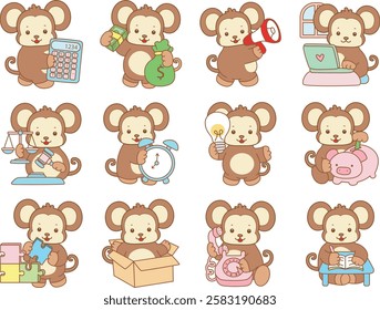 Cute Monkey vector icon. Funny baby Monkey animal series stock illustration. life of fluffy Monkey designs.
Monkey in the variation of working and studying