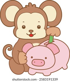 Cute Monkey vector icon. Funny baby Monkey animal series stock illustration. life of fluffy Monkey designs.
Monkey is saving money in the piggy bank