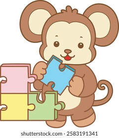 Cute Monkey vector icon. Funny baby Monkey animal series stock illustration. life of fluffy Monkey designs.
Monkey playing a puzzle