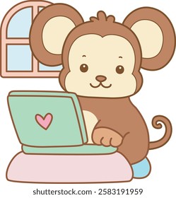 Cute Monkey vector icon. Funny baby Monkey animal series stock illustration. life of fluffy Monkey designs.
Monkey working in the notebook