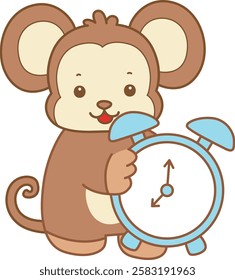 Cute Monkey vector icon. Funny baby Monkey animal series stock illustration. life of fluffy Monkey designs.
Monkey bring an alarm clock