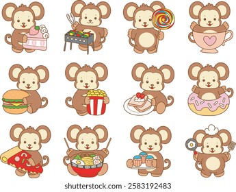 Cute Monkey vector icon. Funny baby Monkey animal series stock illustration. life of fluffy Monkey designs.
Cute monkey with variation of food and snack