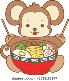 Cute Monkey vector icon. Funny baby Monkey animal series stock illustration. life of fluffy Monkey designs.
Monkey want to eating ramen