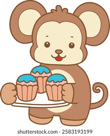 Cute Monkey vector icon. Funny baby Monkey animal series stock illustration. life of fluffy Monkey designs.
Monkey bring a three cupcakes