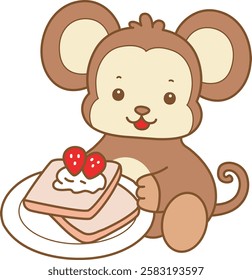 Cute Monkey vector icon. Funny baby Monkey animal series stock illustration. life of fluffy Monkey designs.
Monkey bring a strawberry bread