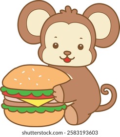 Cute Monkey vector icon. Funny baby Monkey animal series stock illustration. life of fluffy Monkey designs.
Monkey bring a big burger