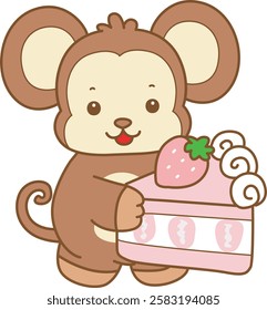 Cute Monkey vector icon. Funny baby Monkey animal series stock illustration. life of fluffy Monkey designs.
Monkey bring a strawberry cake