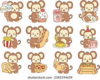 Cute Monkey vector icon. Funny baby Monkey animal series stock illustration. life of fluffy Monkey designs.
Monkey with the variations of street food and breakfast