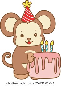 Cute Monkey vector icon. Funny baby Monkey animal series stock illustration. life of fluffy Monkey designs.
Monkey bring a birthday cake