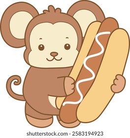 Cute Monkey vector icon. Funny baby Monkey animal series stock illustration. life of fluffy Monkey designs.
Monkey bring a hot dog