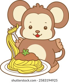 Cute Monkey vector icon. Funny baby Monkey animal series stock illustration. life of fluffy Monkey designs.
Monkey want to eating spaghetti