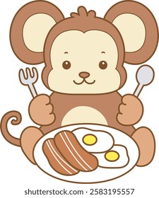 Cute Monkey vector icon. Funny baby Monkey animal series stock illustration. life of fluffy Monkey designs.
Monkey want to eating bacon and eggs