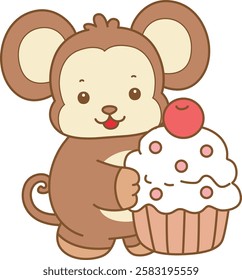 Cute Monkey vector icon. Funny baby Monkey animal series stock illustration. life of fluffy Monkey designs.
Monkey with big cupcake