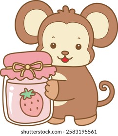 Cute Monkey vector icon. Funny baby Monkey animal series stock illustration. life of fluffy Monkey designs.
Monkey with strawberry jam