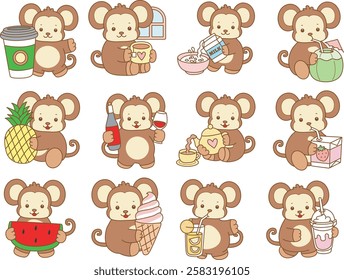 Cute Monkey vector icon. Funny baby Monkey animal series stock illustration. life of fluffy Monkey designs.
Monkey with variation of drink and beverage