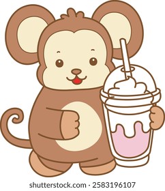 Cute Monkey vector icon. Funny baby Monkey animal series stock illustration. life of fluffy Monkey designs.
Monkey with pink milkshake