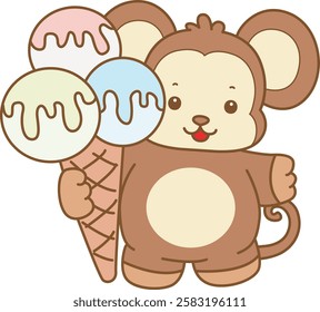 Cute Monkey vector icon. Funny baby Monkey animal series stock illustration. life of fluffy Monkey designs.
Monkey bring a three scoop of ice cream