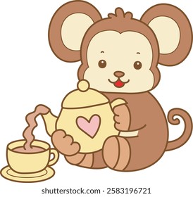 Cute Monkey vector icon. Funny baby Monkey animal series stock illustration. life of fluffy Monkey designs.
Monkey pouring the tea into cup