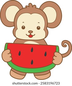 Cute Monkey vector icon. Funny baby Monkey animal series stock illustration. life of fluffy Monkey designs.
Monkey bring a big watermelon